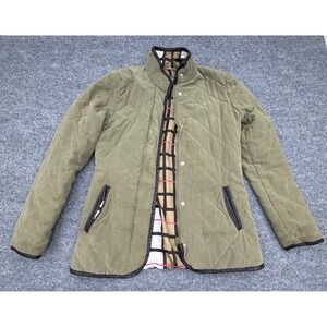 Hillard & Hanson Womens Quilted Jacket Olive Green Faux Leather Trim Small